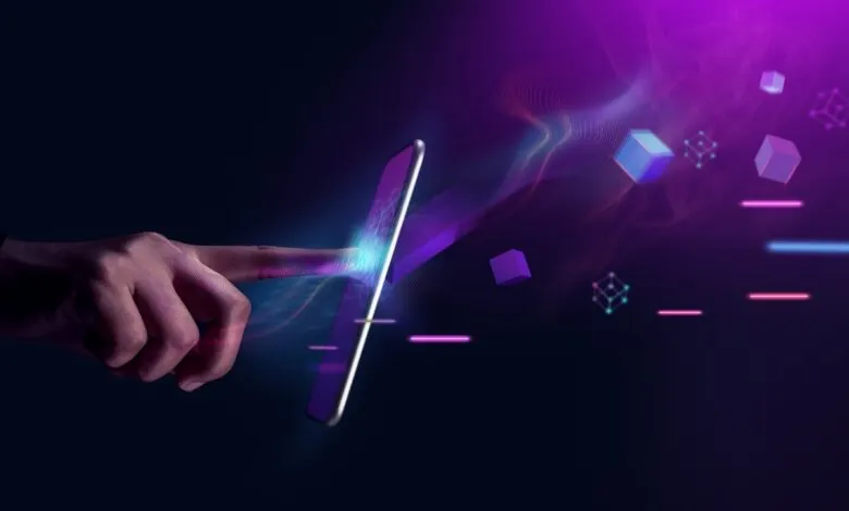 A finger touches a smartphone screen, activating digital data streams and floating cubes.