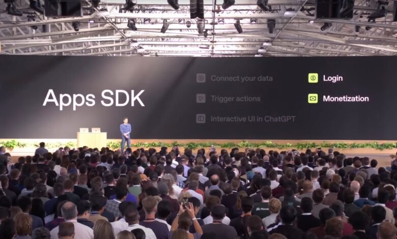 A speaker presents 'Apps SDK' features including Login and Monetization to a large audience.
