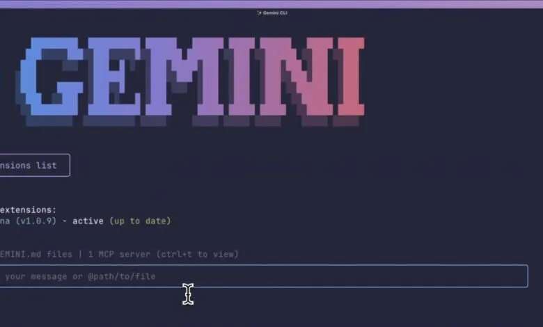 Gemini CLI interface showing pixelated logo and command prompt with active extensions.