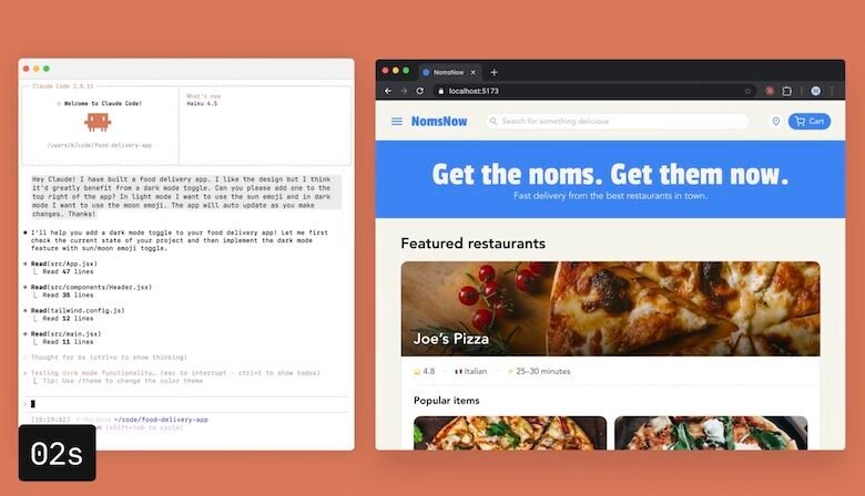 Split screen showing code editor and food delivery app interface.