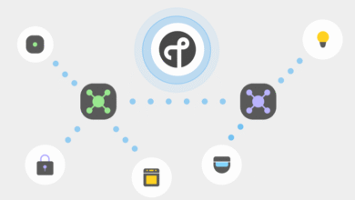 Abstract network diagram with icons representing data, security, and ideas.