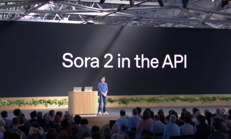 A presenter stands on stage in front of a large screen displaying 'Sora 2 in the API'.