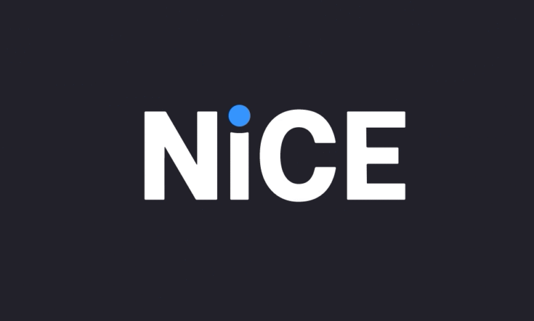 The word NICE in white capital letters with a small blue dot above the 'i'.
