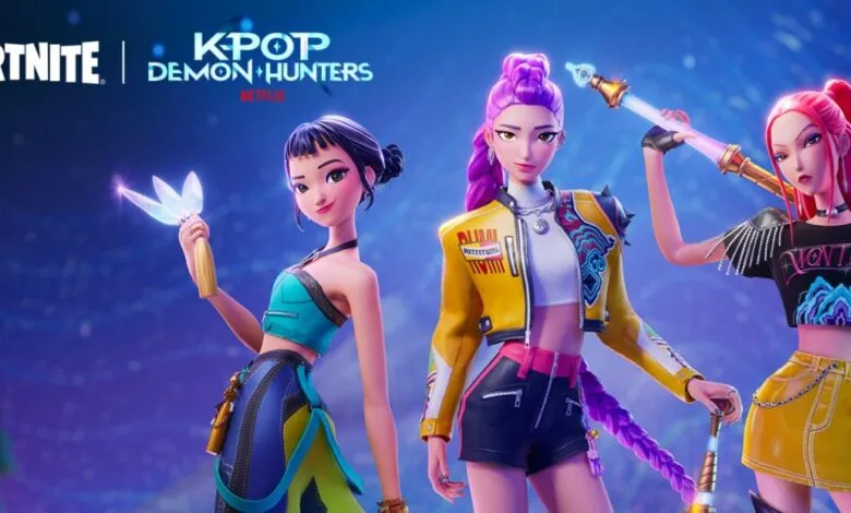 Three animated K-Pop Demon Hunters characters from Fortnite and Netflix stand together.