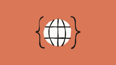 Stylized globe icon enclosed in curly braces on an orange background.