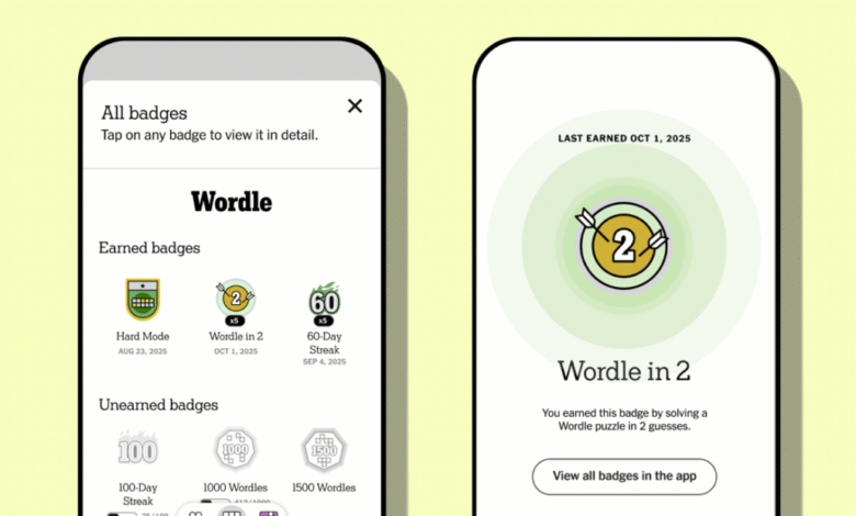Screenshots of the Wordle app showing earned and unearned badges.
