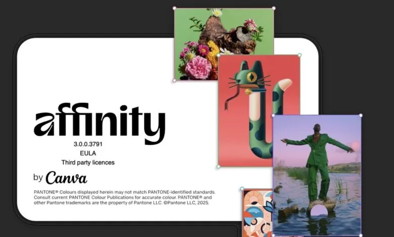 Affinity logo with creative artwork samples and Canva branding