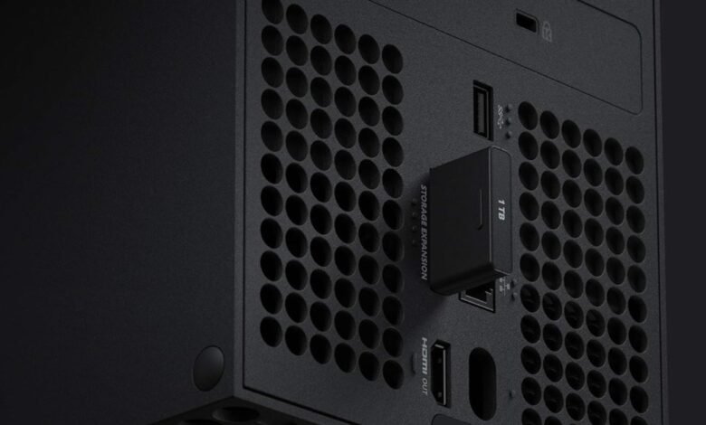 Close-up of a 1TB Seagate Storage Expansion Card inserted into an Xbox Series X console.