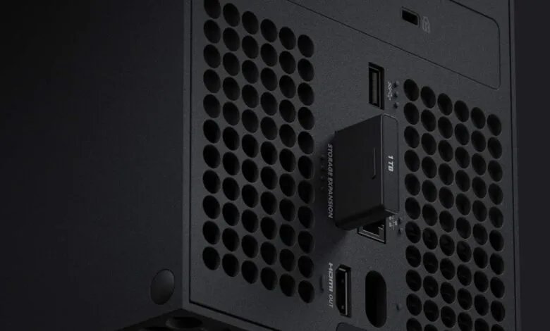 Close-up of a 1TB Seagate Storage Expansion Card inserted into an Xbox Series X console.