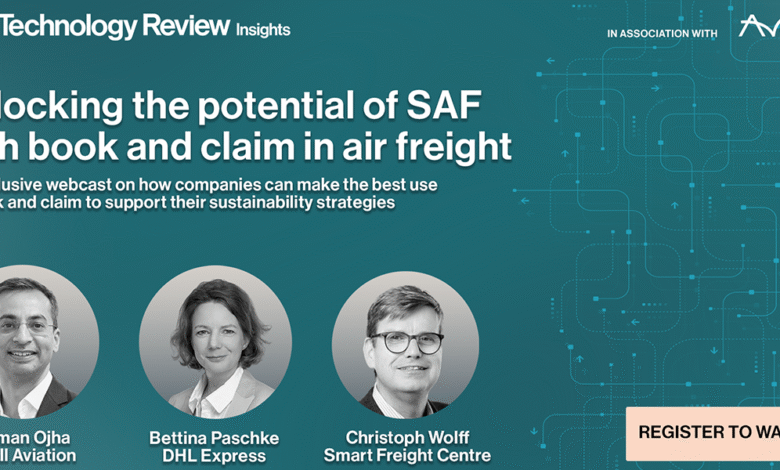 Webcast graphic featuring speakers discussing SAF and book and claim in air freight.