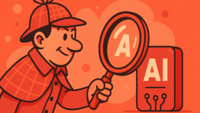 Cartoon detective examining an AI icon with a magnifying glass.