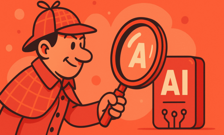 Cartoon detective examining an AI icon with a magnifying glass.