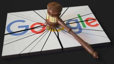 A gavel rests on a broken Google logo, symbolizing legal action against the tech giant.