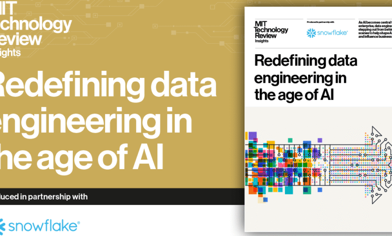 MIT Technology Review Insights cover titled 'Redefining data engineering in the age of AI', produced with Snowflake.