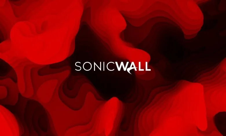 Close-up of a blue circuit board with the SonicWall logo.