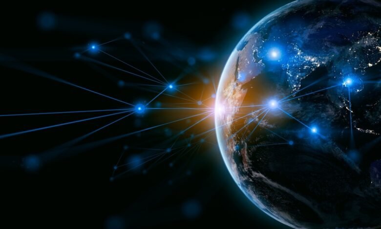 Digital network connections overlaying the Earth at night.
