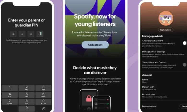 Screenshots of Spotify's new family plan features for young listeners.