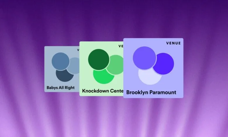 Three cards displaying venue names and abstract circle graphics on a purple gradient background.