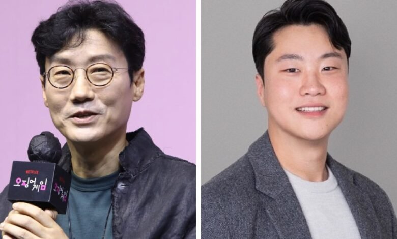 Split image of two Asian men, one holding a microphone with Squid Game logo, the other smiling.