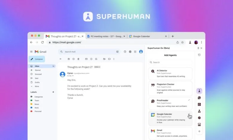 Superhuman Go interface showing Gmail and Google Calendar integration.
