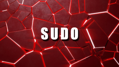 The word SUDO in white text against a dark red, fractured background with glowing white lines.