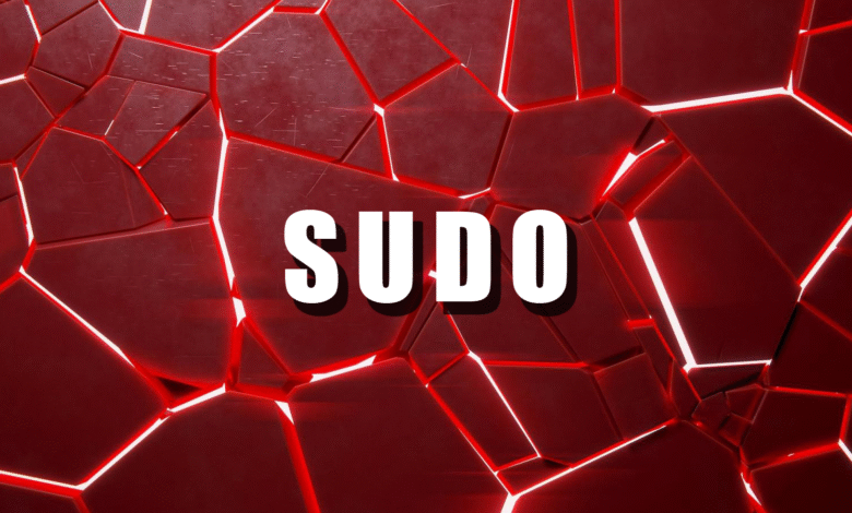 The word SUDO in white text against a dark red, fractured background with glowing white lines.