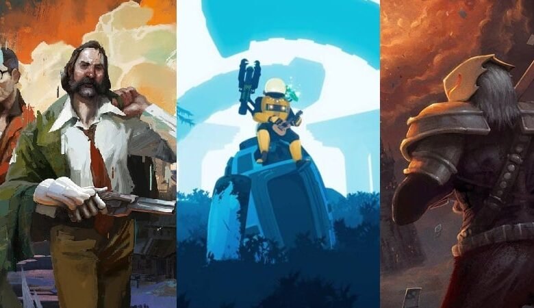 Collage of three distinct video game art styles: gritty characters, a stylized robot, and a fantasy warrior.