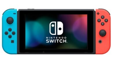 Nintendo Switch gaming console with blue and red Joy-Con controllers.