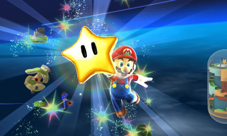 Mario holding a Super Star with colorful beams and cosmic elements