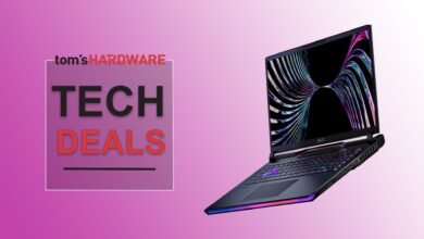 MSI gaming laptop with RGB lighting and abstract wallpaper, next to Tom's Hardware Tech Deals logo.