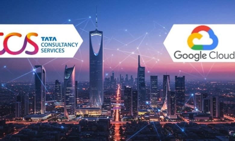 Logos of TCS and Google Cloud overlaid on a cityscape at dusk.