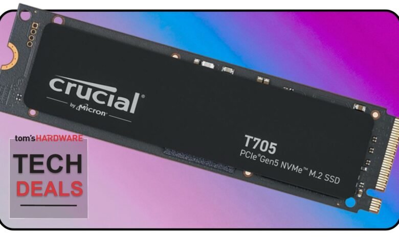 Crucial T705 PCIe Gen5 NVMe M.2 SSD with 'tom's HARDWARE TECH DEALS' watermark.