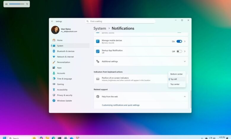 Windows 11 Settings app showing notification preferences and on-screen indicator options.