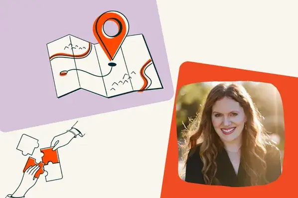 Illustration of a map with a location pin and hands assembling puzzle pieces, next to a portrait of a smiling woman.