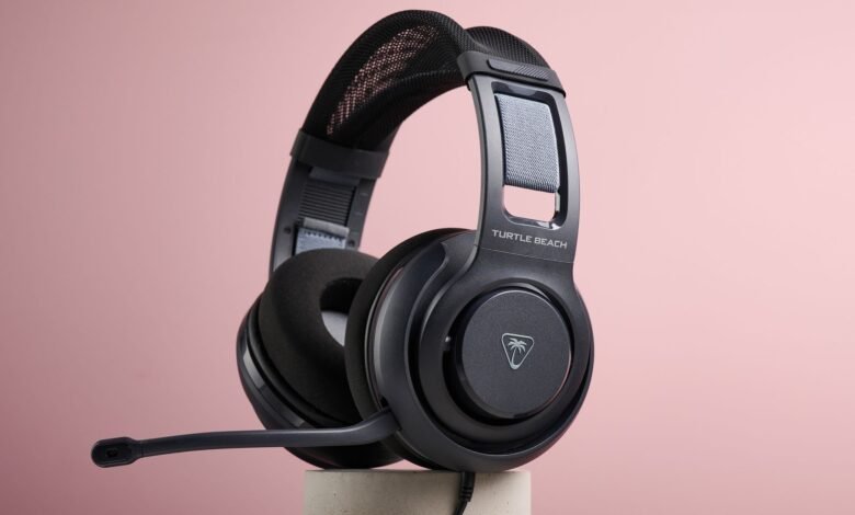 Close-up of a dark grey Turtle Beach gaming headset with a microphone