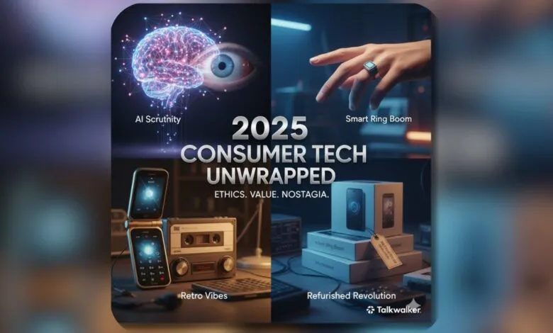 Collage of consumer tech trends for 2025 including AI, smart rings, retro devices, and refurbished electronics.