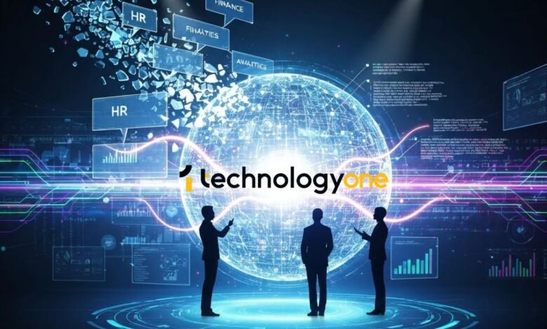 Three silhouetted figures stand before a glowing digital globe, surrounded by data streams and business labels.