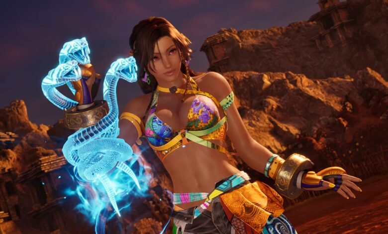 A woman with dark hair and red eyes conjures blue energy snakes.