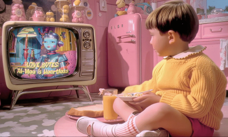 A young child watches a retro TV showing a robot character with the text 'Love Bytes: Ai-Mee is Heartless'.