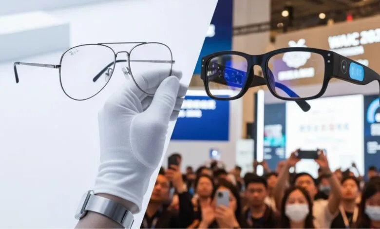 Comparison of traditional eyeglasses and smart glasses at a tech event.