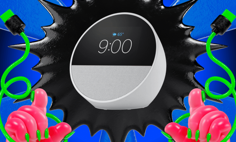 A white smart speaker with a digital clock displaying 9:00, surrounded by abstract shapes and green charging cables.