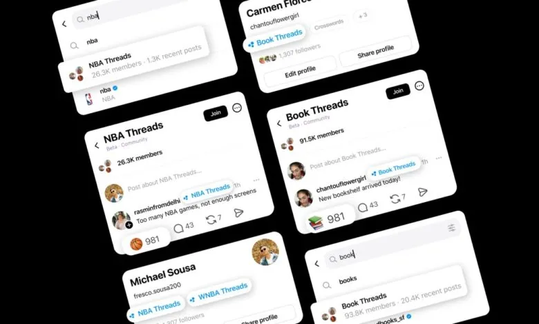 Screenshots of the Threads app showing NBA and Book communities.