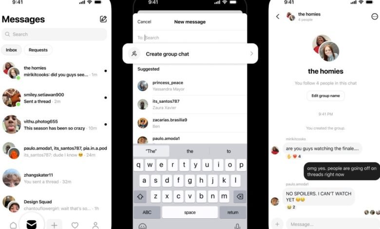 Screenshot of the Threads app showing messages, group chat creation, and a group conversation.