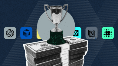 Trophy on stack of money with AI company logos