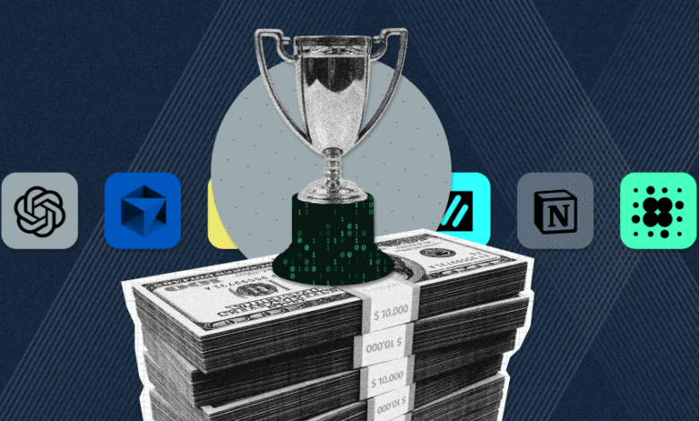 Trophy on stack of money with AI company logos