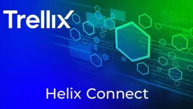 Trellix Helix Connect logo with abstract hexagonal network graphics and code.