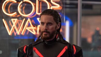Jared Leto as Ares in Tron: Ares, wearing a futuristic suit with neon accents.