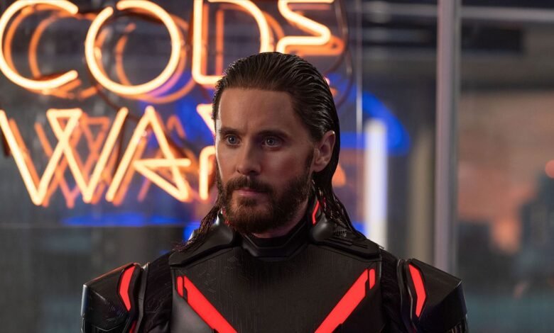 Jared Leto as Ares in Tron: Ares, wearing a futuristic suit with neon accents.