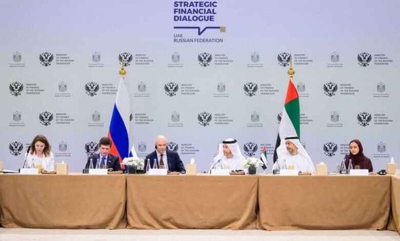 Officials from UAE and Russia at a strategic financial dialogue meeting.