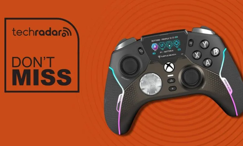 Close-up of a black and bronze Xbox controller with colorful LED accents and a TechRadar logo.